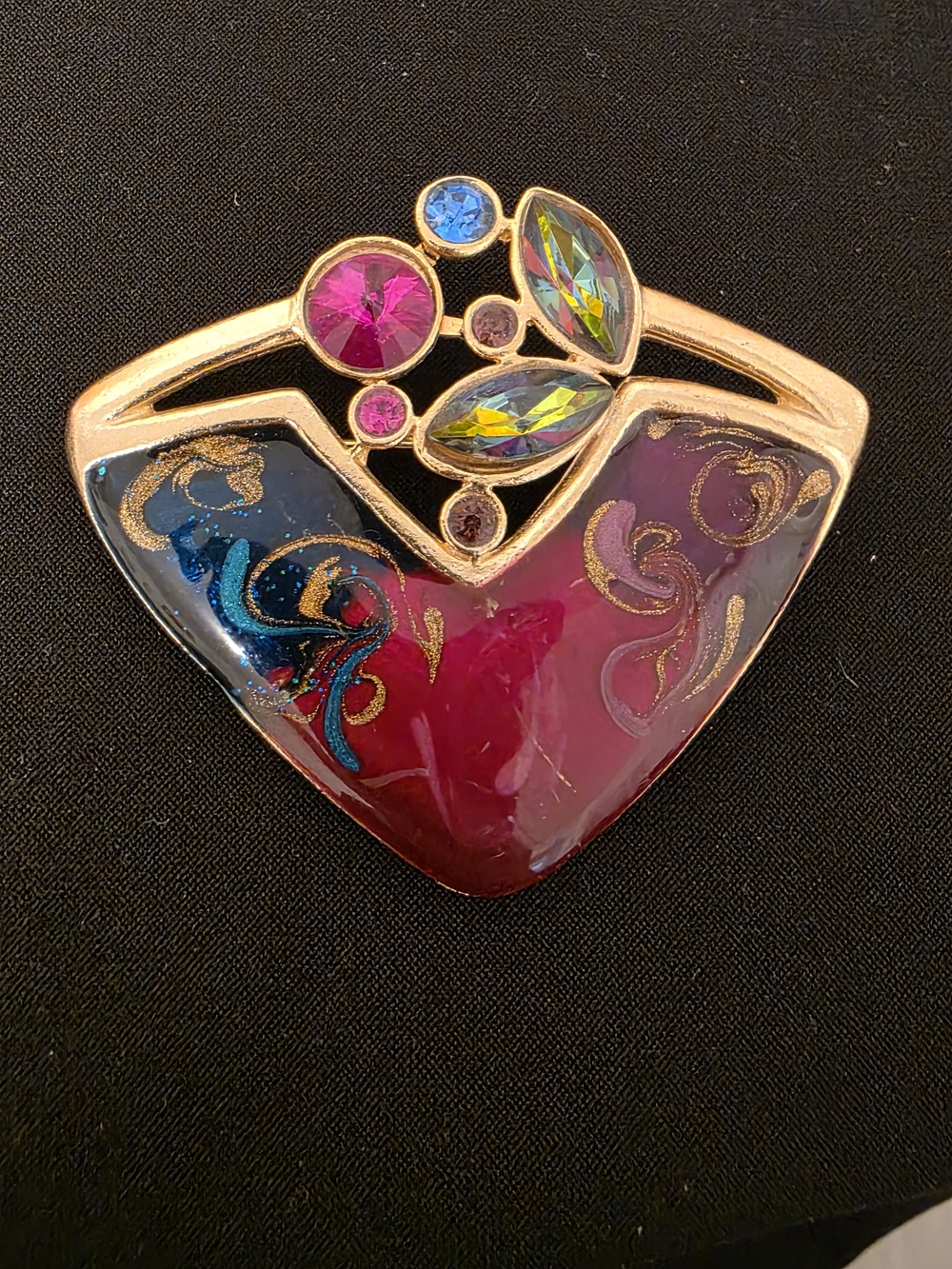 Gold-Tone Multicolor Enamel Heart Brooch with Pink and Blue Accents